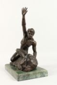 A BRONZE MALE NUDE WITH ARM RAISED on a marble base. 13ins high.
