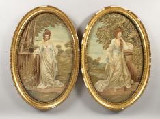 A GOOD PAIR OF OVAL SILKWORK PICTURES of LADIES in gilt frames, glazed. 19ins x 12ins.