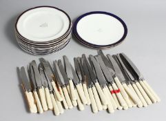 A SET OF ELEVEN R A M C BLUE EDGED PLATES, 9ins diameter and a quantity of dessert and dinner