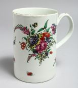 AN 18TH CENTURY WORCESTER CYLINDRICAL MUG lavishly painted with flowers (foot defects due to kiln
