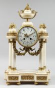 A GOOD 19TH CENTURY FRENCH WHITE MARBLE AND ORMOLU PORTICO MANTLE CLOCK with a brass drum shape