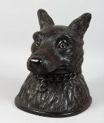 A LARGE BLACK FOREST CARVED WOOD DOG'S HEAD TABLE TOBACCO BOX with glass eyes. 12ins high.
