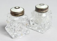 A PAIR OF CUT GLASS AND ENAMEL PEPPERETTES.