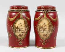 TWO SMALL TOLE WARE TEA CADDIES 7ins high.