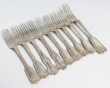 A SET OF EIGHT VICTORIAN FIDDLE THREAD AND SHELL DESSERT FORKS and a matching table fork. London