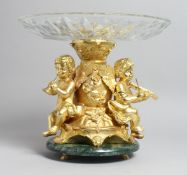 A GILT BRONZE AND CUT GLASS CENTRE PIECE the circular glass dish supported on a pair of musical