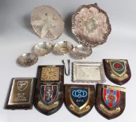 A BOX OF SUNDRY PLATE, SALVER, TAZZA, FOUR BON BON DISHES, RECTANGULAR DISH AND FIVE WOOD MOUNTED