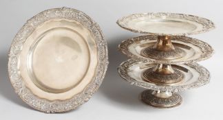 A VERY GOOD SET OF THREE VICTORIAN SILVER TAZZA BY G. LAMBERT, Coventry Street, London, 10.5ins