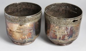 A PAIR OF ENGRAVED VICTORIAN CIRCULAR JARDINIERES, 10ins diameter, (badly A/F).