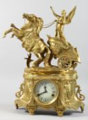 AN IMPRESSIVE VICTORIAN STYLE GILT BRONZE MANTLE CLOCK the case surrounded with a horse and