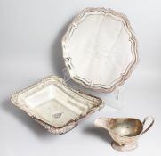 A LARGE SILVER PLATED WALKER AND HALL PIE CRUST SALVER, engraved inscription 1958, a silver plated