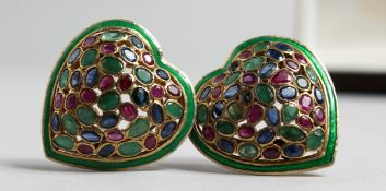A PAIR OF GOLD, RUBY, SAPPHIRE AND EMERALD HEART SHAPE EARRINGS.