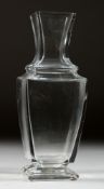 A BACCARAT SQUARE GLASS VASE. Printed mark, 10ins high.