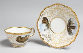 A FLIGHT BARR AND BARR GADROONED BORDERED TEA CUP AND SAUCER painted with named landscapes,