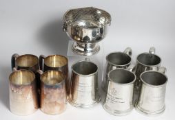 A SMALL SILVER PLATED ROSE BOWL engraved and NINE VARIOUS MESS TANKARDS, engraved