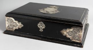 A LARGE VICTORIAN SILVER MOUNTED EBONY TABLE CIGAR BOX with six division cedarwood liner, 18ins x