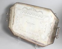 A LARGE VICTORIAN MAPPIN AND WEBB PRINCESS PLATE ENGRAVED TWO HANDLED TEA TRAY with pierced border