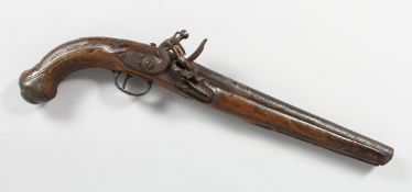 A 19TH CENTURY FLINTLOCK PISTOL for the Eastern market, with inlaid barrel, engraved lock plate