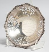 A MAPPIN AND WEBB PIERCED SILVER BON BON DISH, SHEFFIELD, 1954, with inscription.