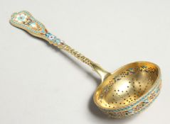 A RUSSIAN SILVER ENAMEL SIFTER SPOON, 16cm long. Mark 84.