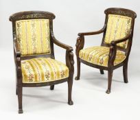 A GOOD PAIR OF FRENCH EMPIRE MAHOGANY OPEN ARMCHAIRS with reeded curving and cresting rails,
