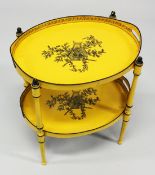 A GOOD DECORATING TOLEWARE TWO TIER OVAL ETAGERE with lift off trays, yellow ground decorated with