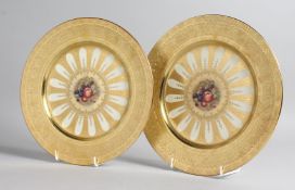 A GOOD PAIR OF AYNSLEY FRUIT PLATES with gold borders. 10ins diameter.