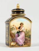 A GOOD VIENNA TEA CADDY AND COVER, BLUE AND GILT GROUND, painted with reverse panels of classical