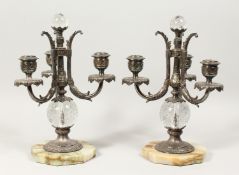 A GOOD PAIR OF SILVER PLATED, GLASS AND ALABASTER CANDELABRA, with three scrolling branches, glass