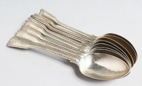 A SET OF EIGHT VICTORIAN FIDDLE THREAD AND SHELL TABLE SPOONS, London, 1893. Maker, J A & T S.