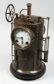 AN INDUSTRIAL STYLE BRONZE CLOCK with white enamel dial on a marble base. 16ins high.