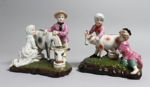 A PAIR OF PORCELAIN FIGURE GROUPS OF CHILDREN one with a cow, the other with a goat. 7ins long.