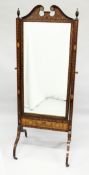 A GOOD EDWARDIAN MAHOGANY AND INLAID CHEVAL MIRROR, the mirror with broken arch pediment,