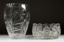 A LARGE CUT GLASS FLOWER VASE 10ins high and a CIRCULAR CUT GLASS BOWL, 8ins diameter (2).