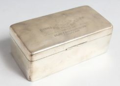 A SILVER RECTANGULAR CIGARETTE BOX domed top rounded corners, 7ins long, Birmingham, 1903, RAMC