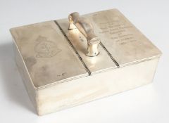 A TABLE, TWO DIVISON, SILVER CIGAR AND CIGARETTE BOX, with two lids and carrying handle, 9ins x