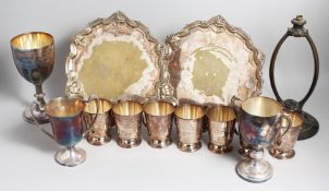 THREE PLATED ENGRAVED CHALLENGE CUPS, A PAIR OF SILVER PLATED SALVERS, 8ins diameter and SEVEN SMALL