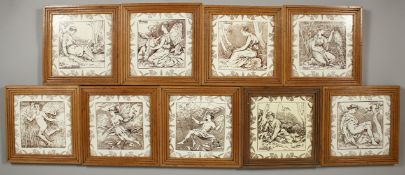 A COLLECTION OF NINE FRAMED WEDGWOOD POTTERY TILES : LYSANDER, OBERON, PEASBLOSSOM, DEMETRIUS,