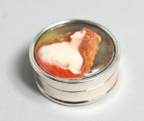 A SILVER PILL BOX the lid decorated with a young lady.