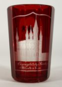 A BOHEMIAN RUBY GLASS TANKARD engraved with a church. 4.5ins high.