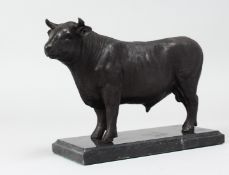 A BRONZE MODEL OF A STANDING BULL on a marble base 8.25ins long