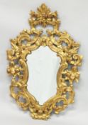 AN 18TH / 19TH CENTURY ITALIAN FLORENTINE GILT WOOD MIRROR of shield shape, with pierced and