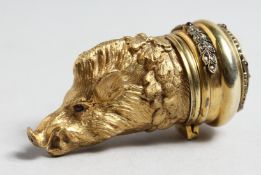 A VERY GOOD RUSSIAN SILVER GILT BOARS HEAD SNUFF BOX, with inset enamel decoration and precious