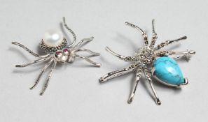 TWO SILVER AND MARCASITE SPIDER BROOCHES