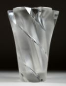 A VERY HEAVY LALIQUE FROSTED TAPERING HEXAGONAL SHAPED VASE. Etched Lalique, France. 10ins high.