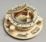 AN ETCHED BONE CIRCULAR COMPASS, 10cm diameter