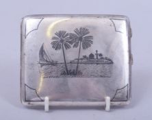 AN IRAQI NIELLO INLAID SILVER CIGARETTE CASE, signed, 10cm x 8cm.