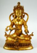 A GILT BRONZE MODEL OF A SEATED DEITY, 22.5cm high.