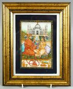 AN INDIAN MINIATURE PAINTING ON ALABASTER MARBLE, depicting a royal couple - possibly Shah Jahan and