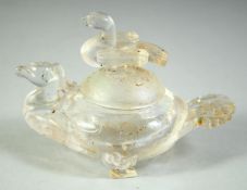A CHINESE CUT GLASS LIBATION CUP AND COVER, 12cm long,